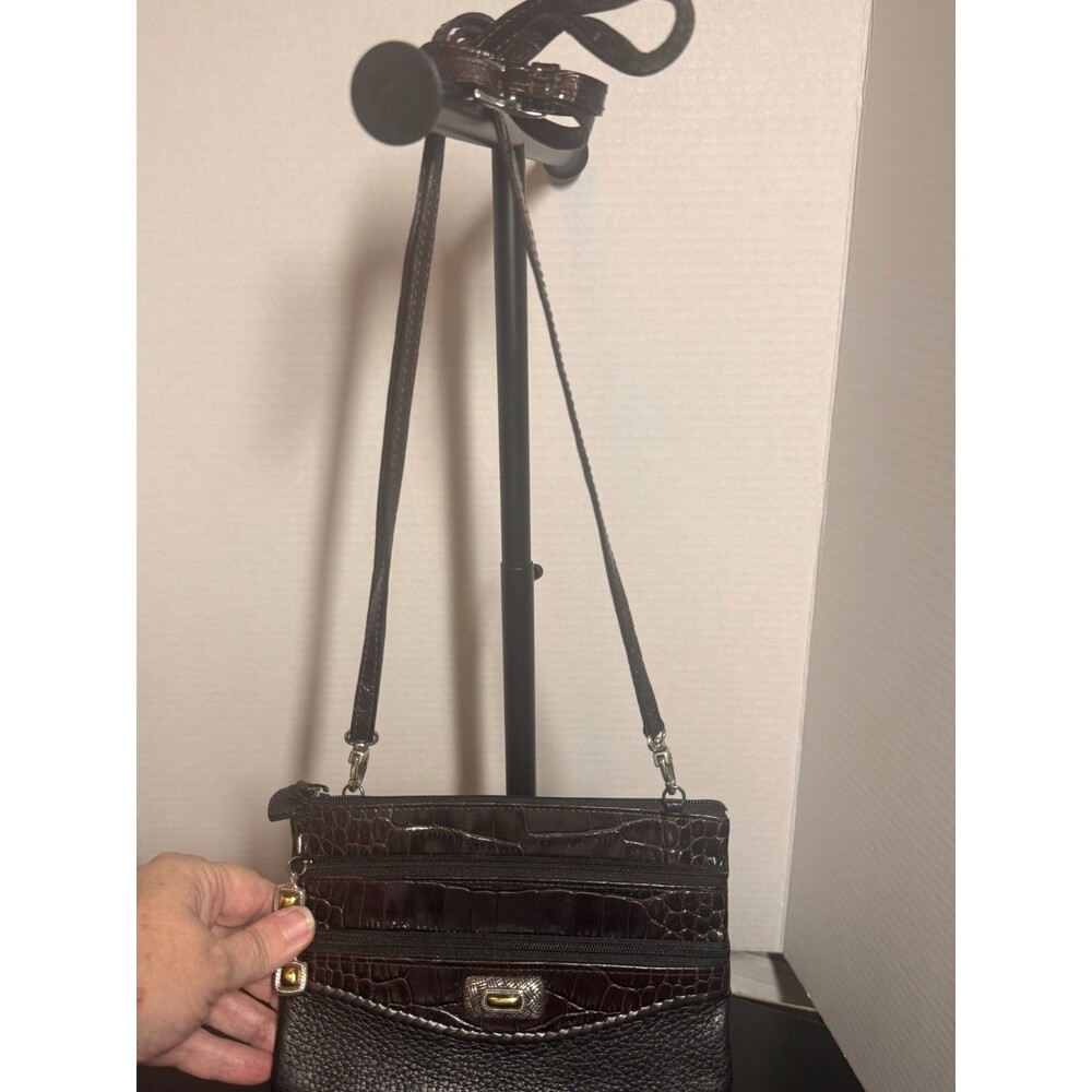 Vintage Brighton Triple Zip Croc Embossed Two Tone Leather Mini Crossbody Bag